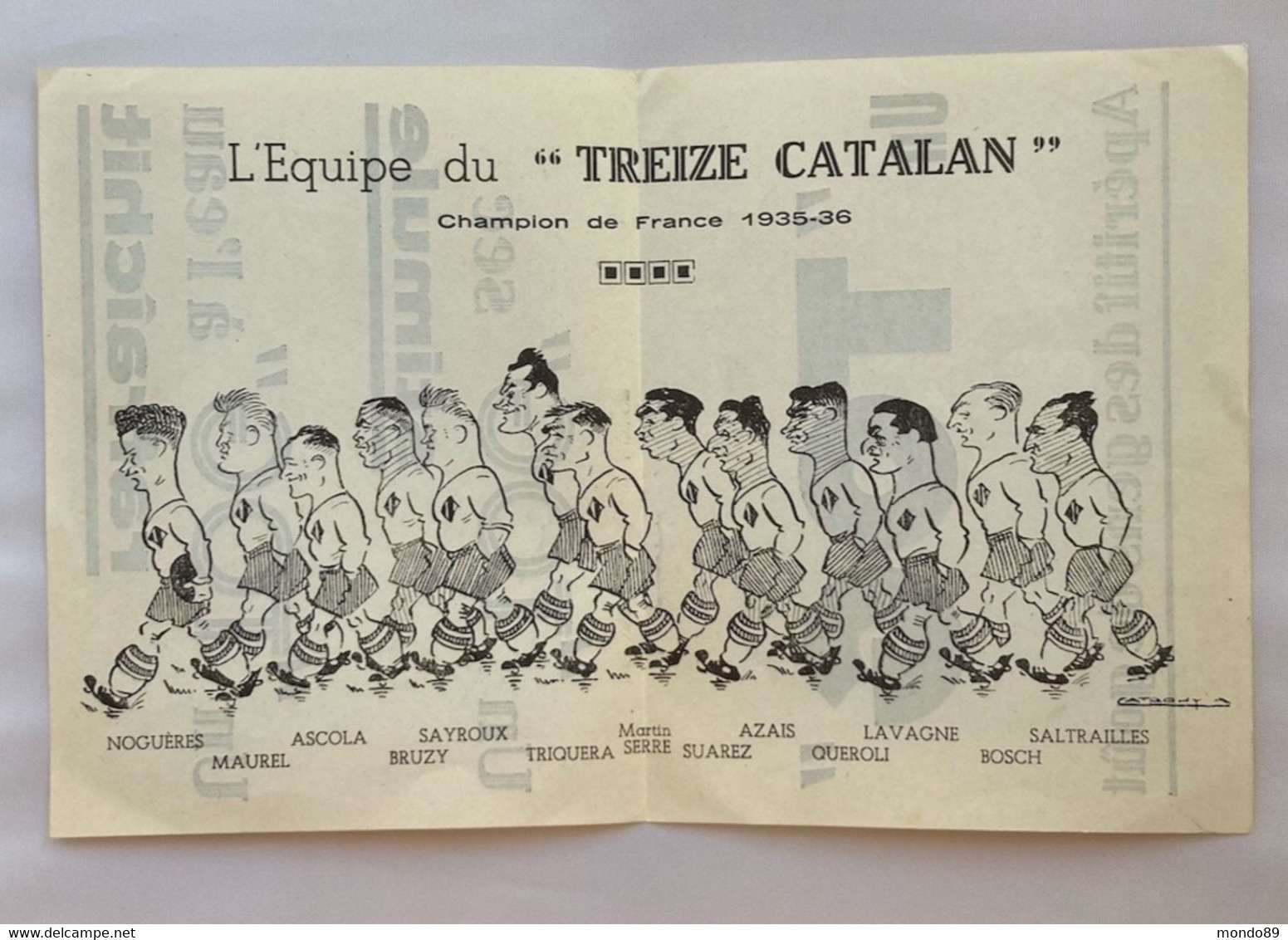 RUGBY à TREIZE Calendrier SAISON 1936-1937 - PERPIGNAN- Pub TOG -Caricature Des Champions De FRANCE 1935-1936 - Rugby