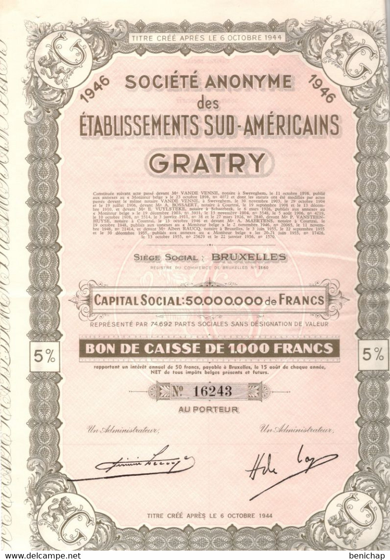 14 Titres Des Etabl. Sud-Américains Gratry - Bons De Caisses De 1000 Frcs. 1956. - Industry