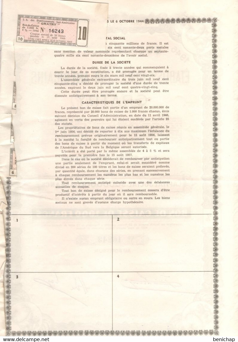 14 Titres Des Etabl. Sud-Américains Gratry - Bons De Caisses De 1000 Frcs. 1956. - Industrie