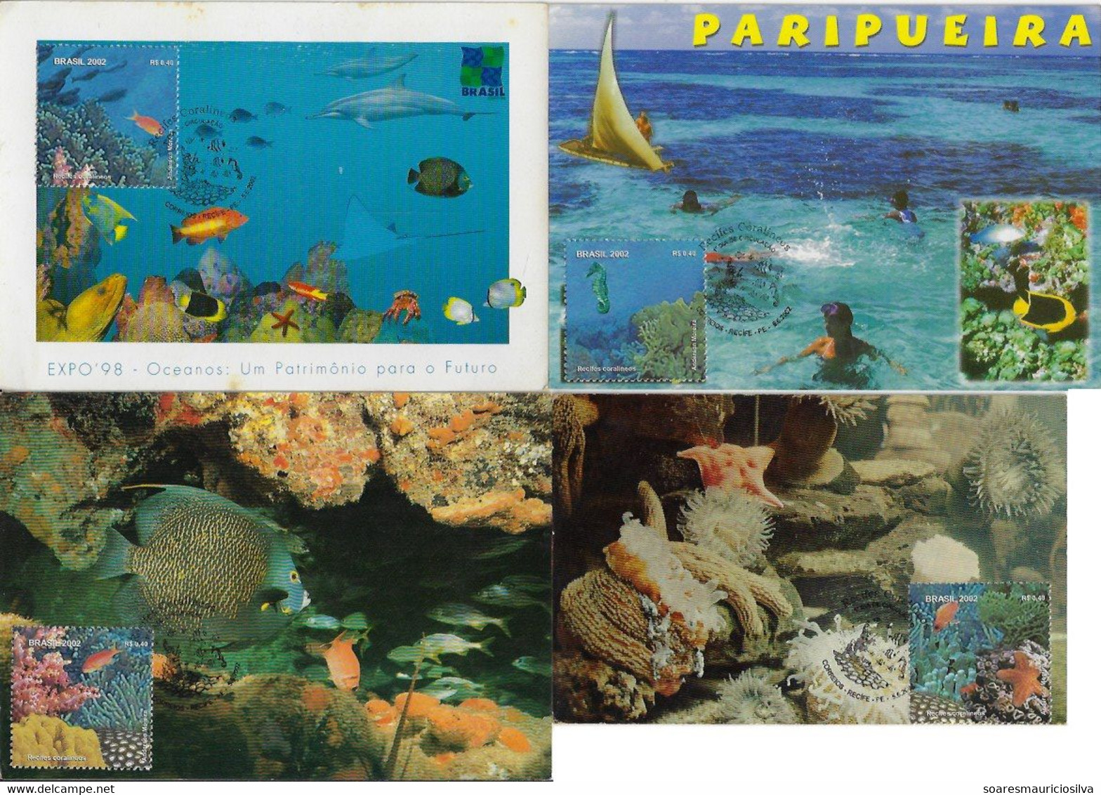 Brazil 2002 Complete Series 4 Maximum Card Marine Fauna Animal Invertebrate Coral Reef Ecosystem Fish Starfish Seahorse - Vita Acquatica