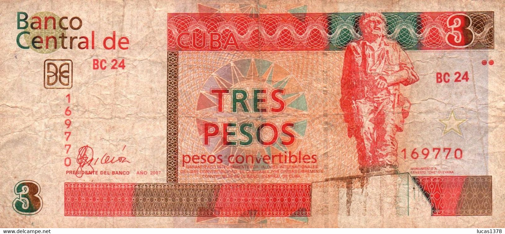 BILLETE DE CUBA DE 3 PESOS CONVERTIBLES DEL AÑO 2007 - Cuba