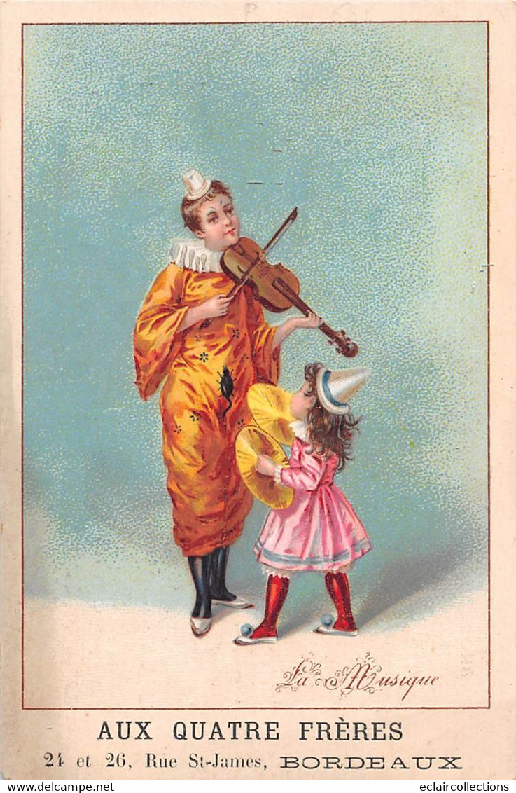 Image  16.5 X 11  Cm   Clown Violoniste. Cymbales,  .  Publicité  Aux Quatre Frères 33 Bordeaux (voir Scan) - Autres & Non Classés