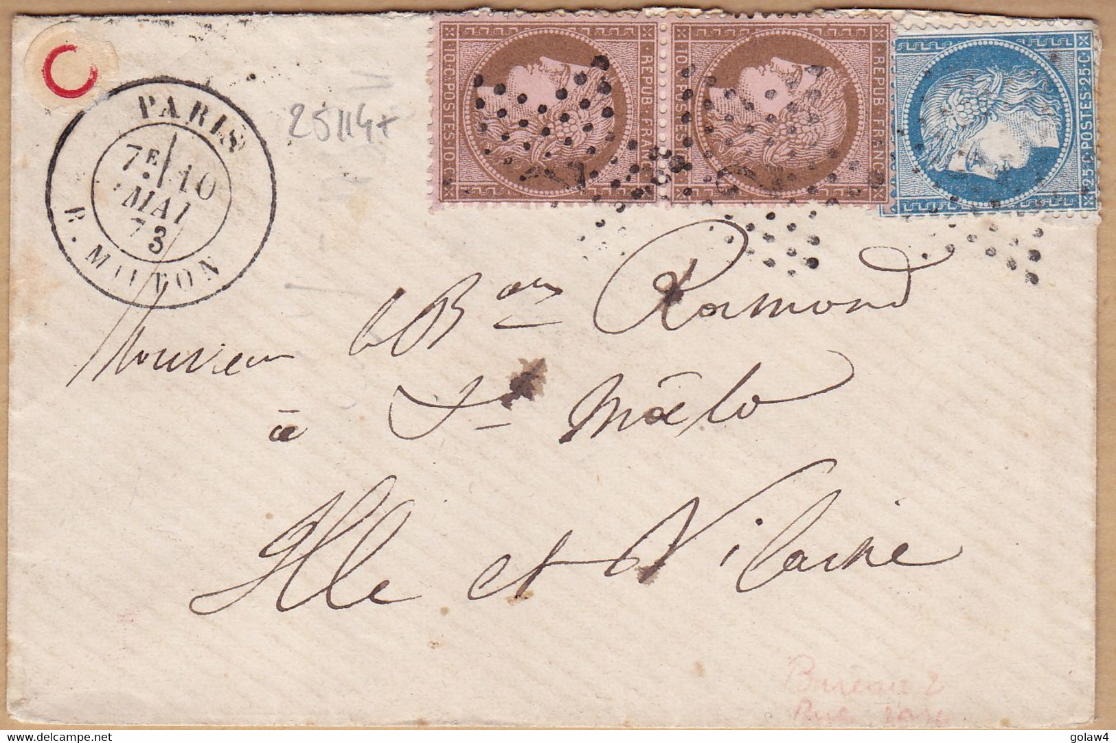 25114# CERES LETTRE Obl ETOILE 2 PARIS R. MILTON 1873 Pour SAINT MALO ILLE ET VILAINE - 1849-1876: Période Classique