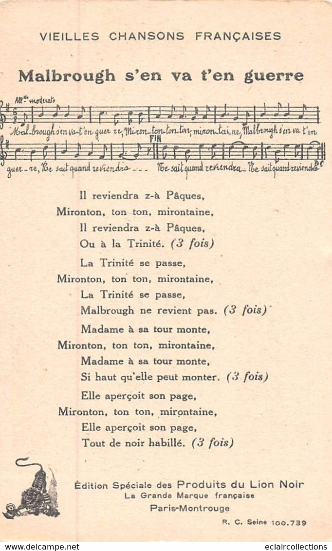 Image  14 X 9 Cm    Chanson  Enfantine Ancienne.  Malbrough S'en Va T'en Guerre  Publicité Lion Noir (voir Scan) - Autres & Non Classés