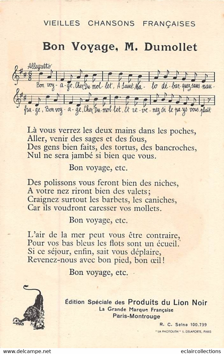 Image  14 X 9 Cm    Chanson  Enfantine Ancienne.  Bon Voyage Monsieur Dumollet  Publicité Lion Noir (voir Scan) - Autres & Non Classés