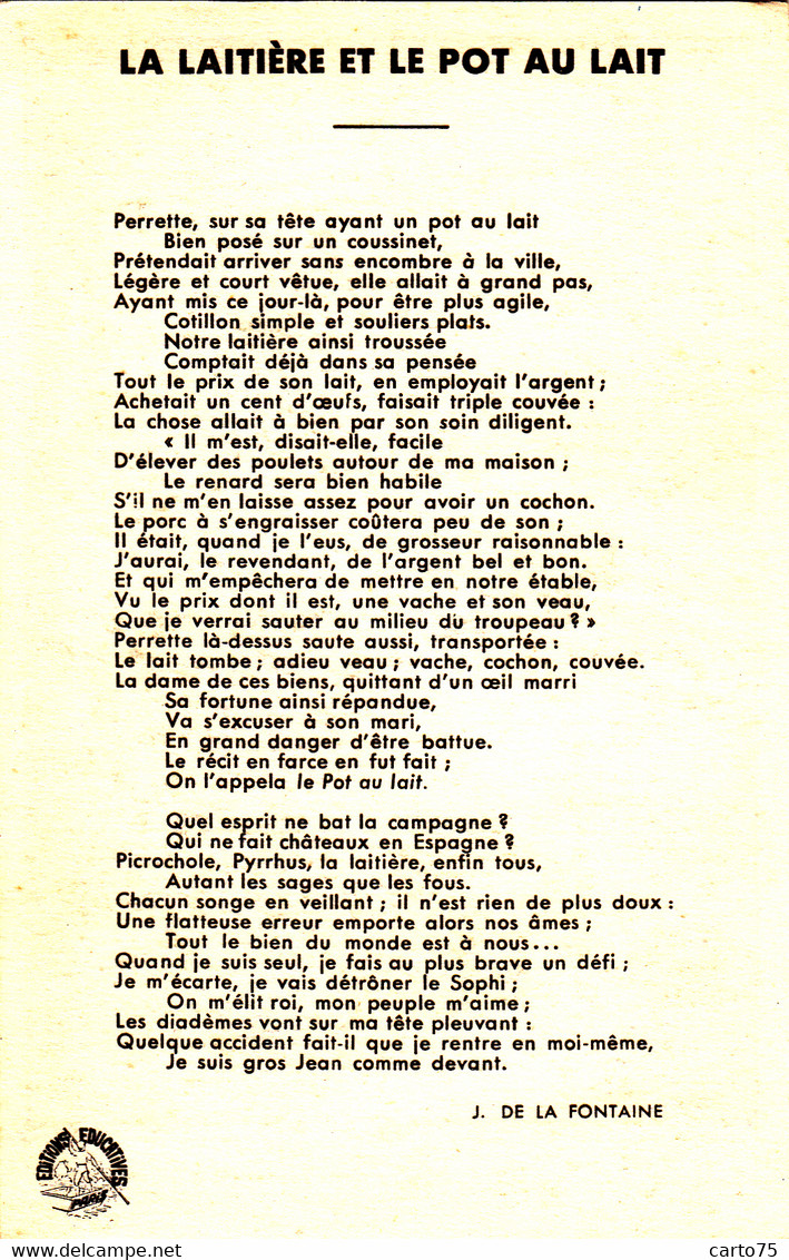 Fable - Jean De La Fontaine - Laitière Et Le Pot Au Lait - Chromo Calvet Rogniat - Fairy Tales, Popular Stories & Legends