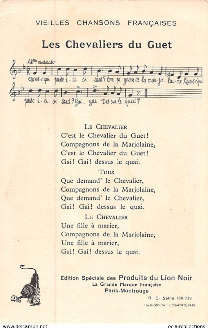 Image  14 X 9 Cm    Chanson  Enfantine Ancienne.  Les Chevaliers Du Guet   Publicité Lion Noir (voir Scan) - Other & Unclassified