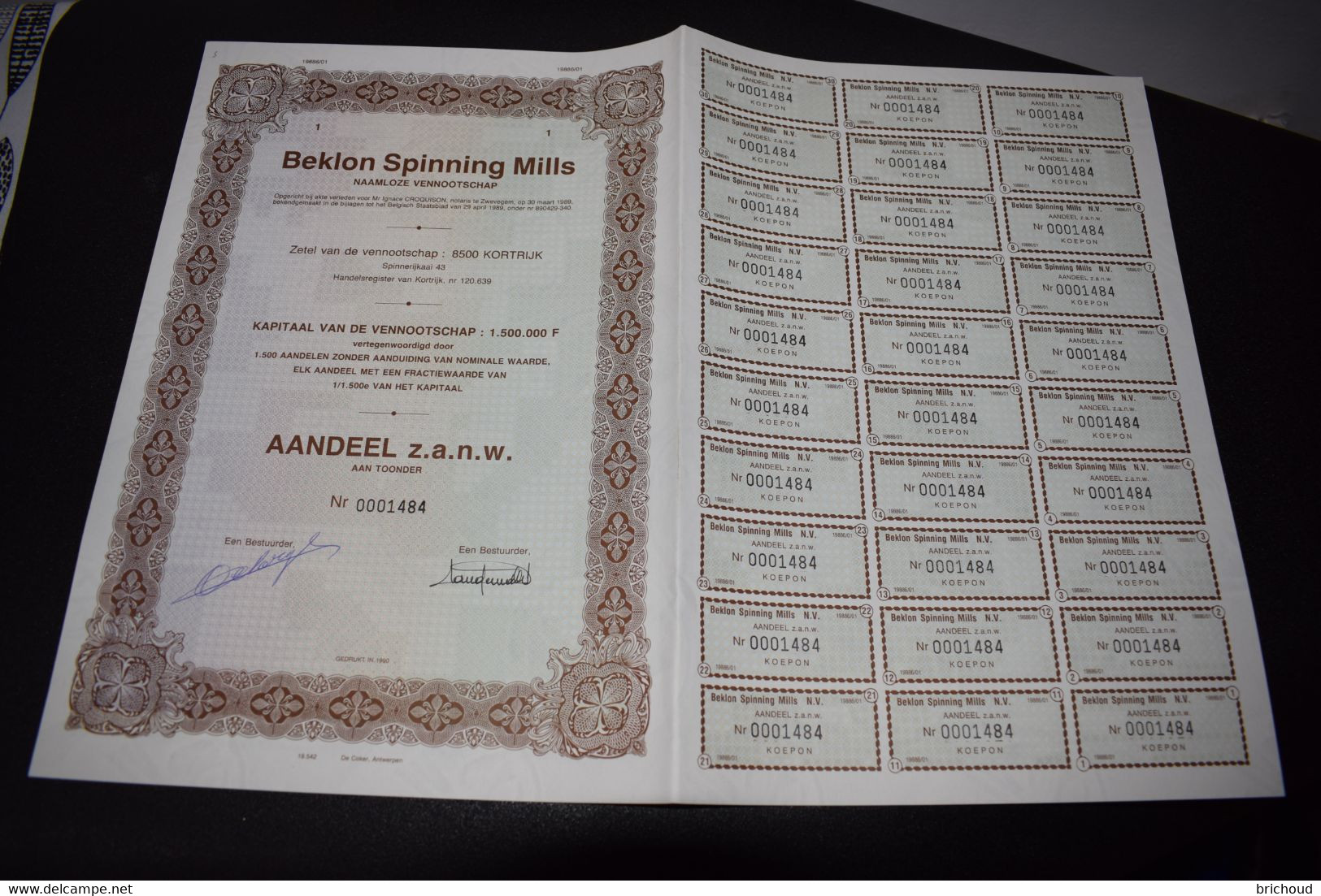 Belkon Spinning Mills Textile 1 Aandeel 1000 Frs 1990 Kortrijk Courtrai - Textile