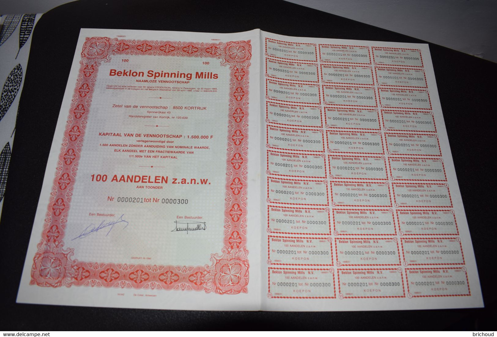 Belkon Spinning Mills Textile 100 Aandeel 1000 Frs 1990 Kortrijk Courtrai - Textil