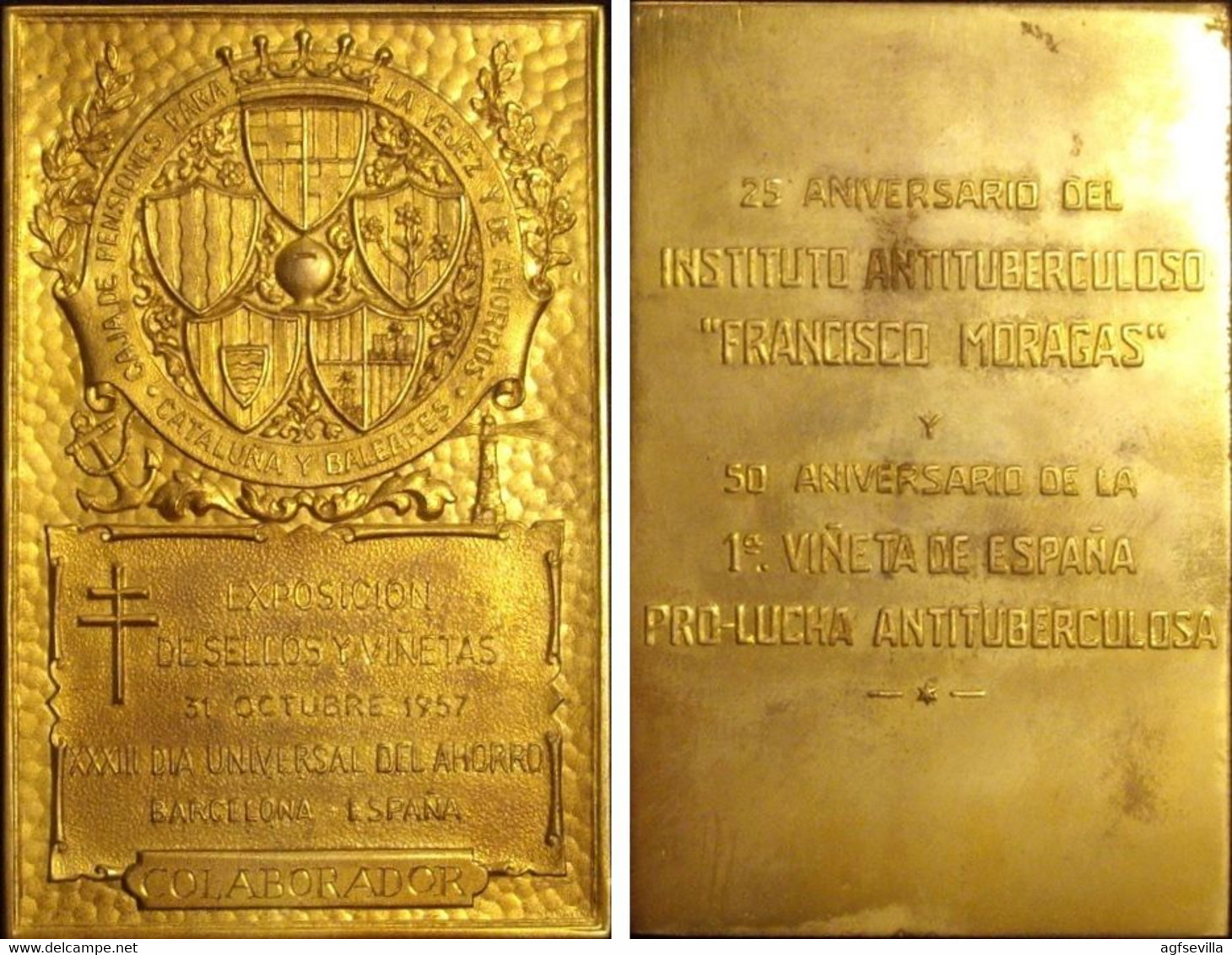 ESPAÑA. PLACA 25 ANIV. INSTITUTO ANTITUBERCULOSO ”FRANCISCO MORAGAS”. 1.957. CON ESTUCHE. ESPAGNE. SPAIN MEDAL - Firma's