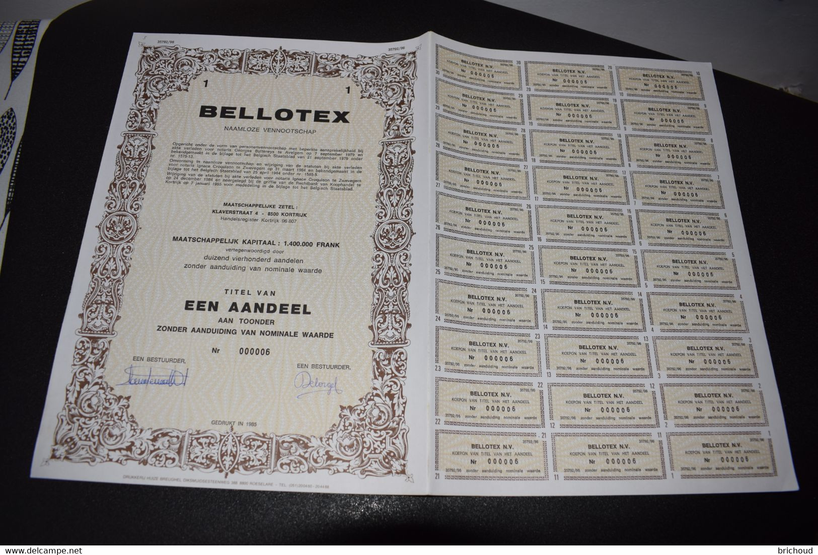 Bellotex Naamloze Vennootschap Textile 1 Aandeel 1985 Kortrijk Courtrai - Textiel