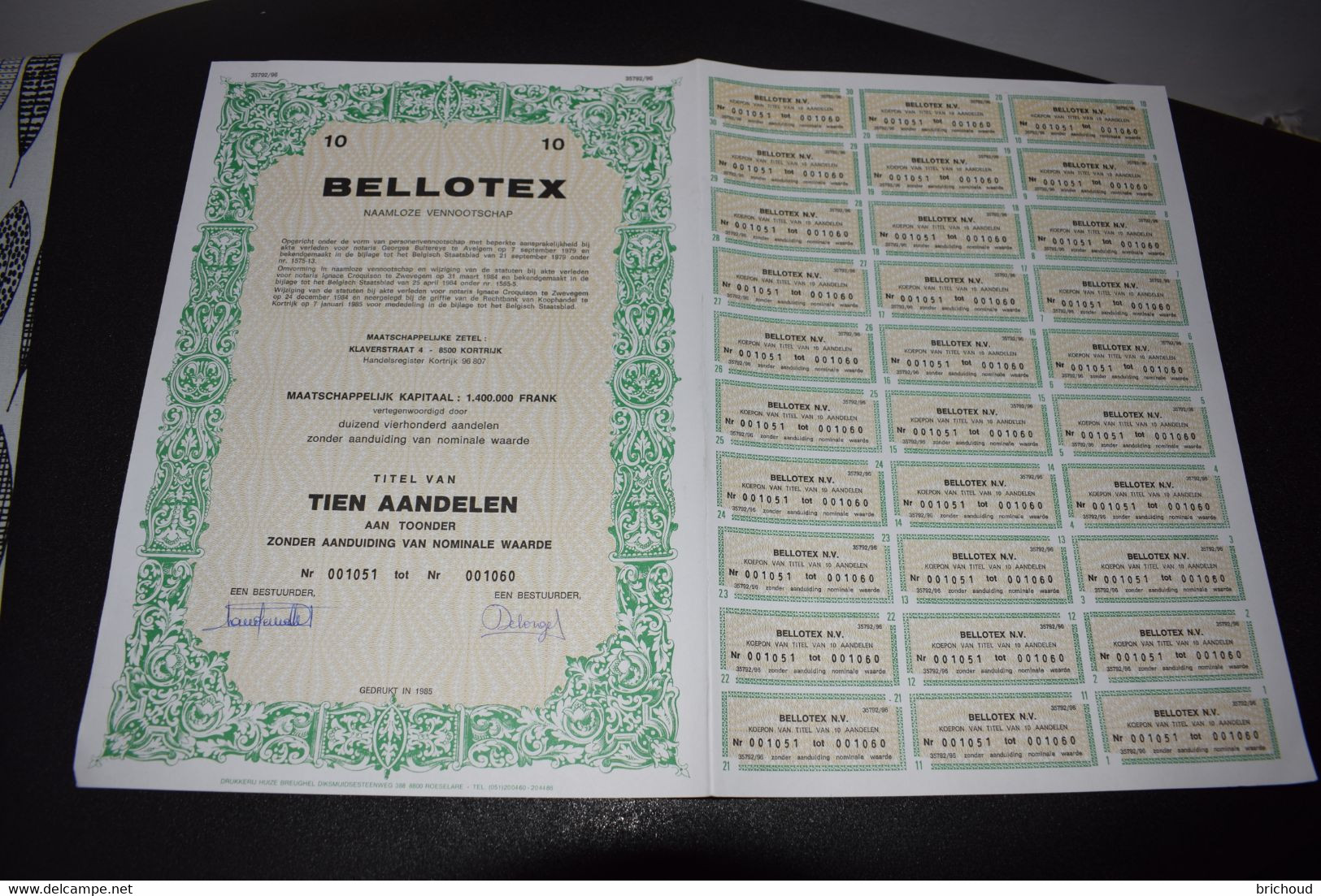 Bellotex Naamloze Vennootschap Textile 10 Aandeel 1985 Kortrijk Courtrai - Textile