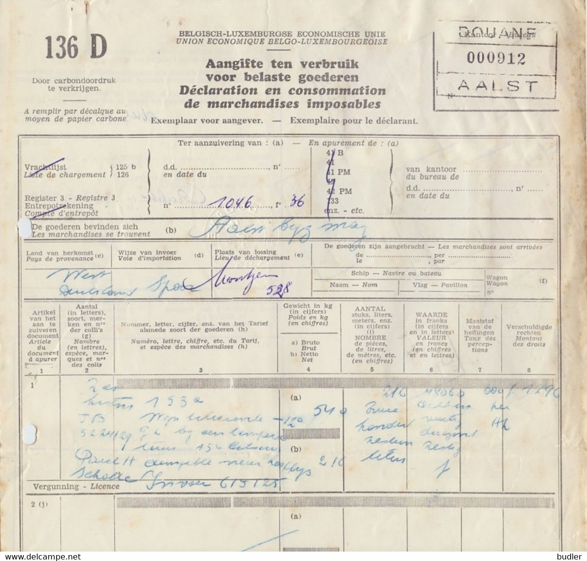 BELGIË/BELGIQUE :1954: Aangifte Ten Verbruik Van Belaste Goederen/Déclaration En Consommation De Marchandises Imposables - Documents