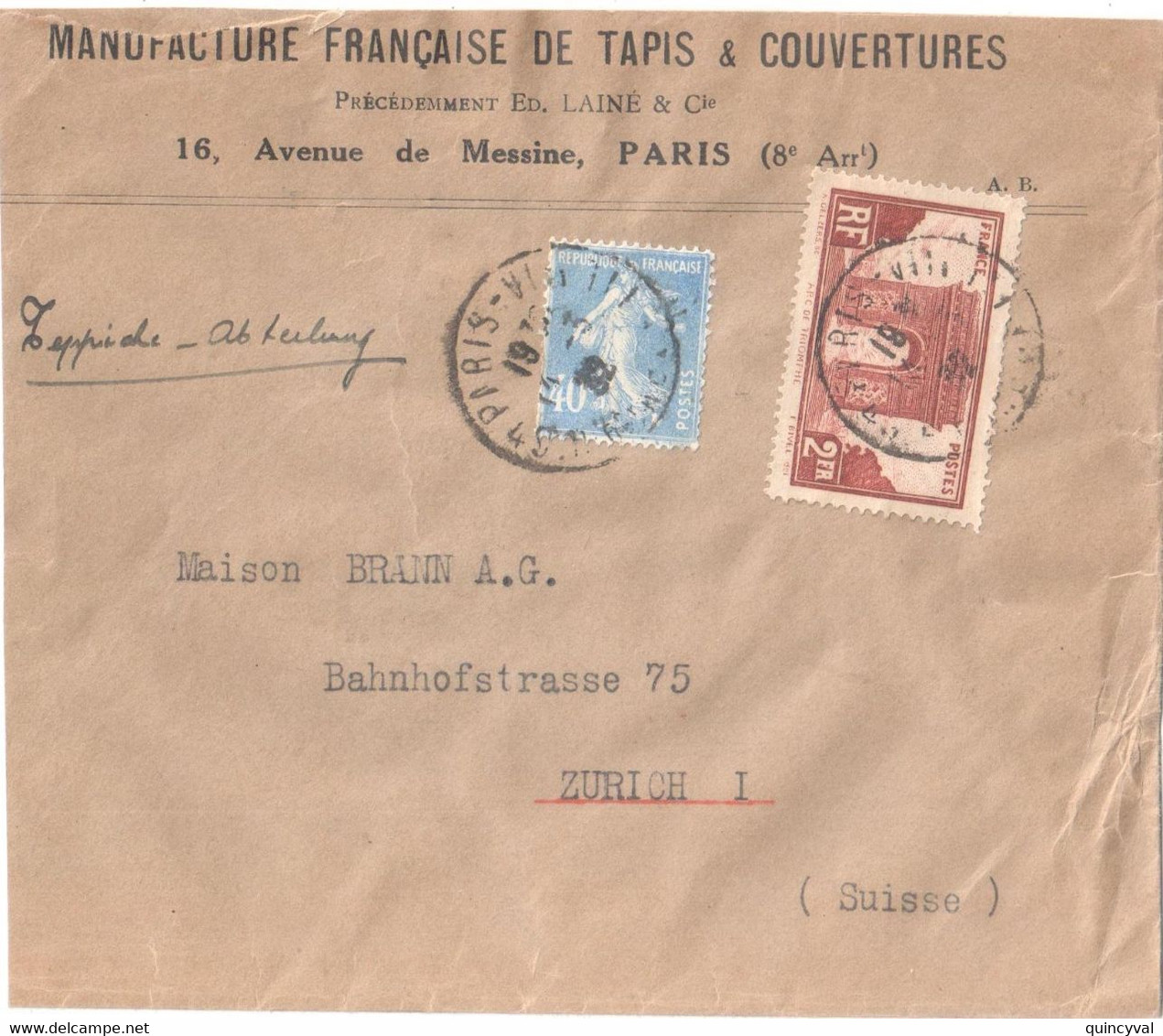 PARIS VIII Lettre Etranger 2° Ech Dest Suisse Tf 1 8 1926  2F Arc De Triompe 40c Semeuse Bleu Yv 258 237 - Storia Postale