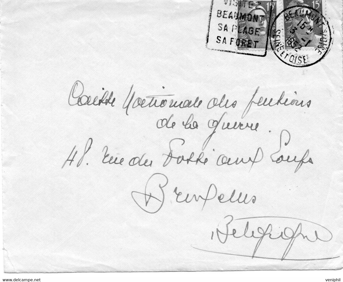 LETTRE AFFRANCHIE N° 886 X 2 -OBLITERATION DAGUIN-VISITEZ BEAUMONT SA PLAGE SA FORET -SEINE ET OISE -ANNEE 1952 - Maschinenstempel (Sonstige)