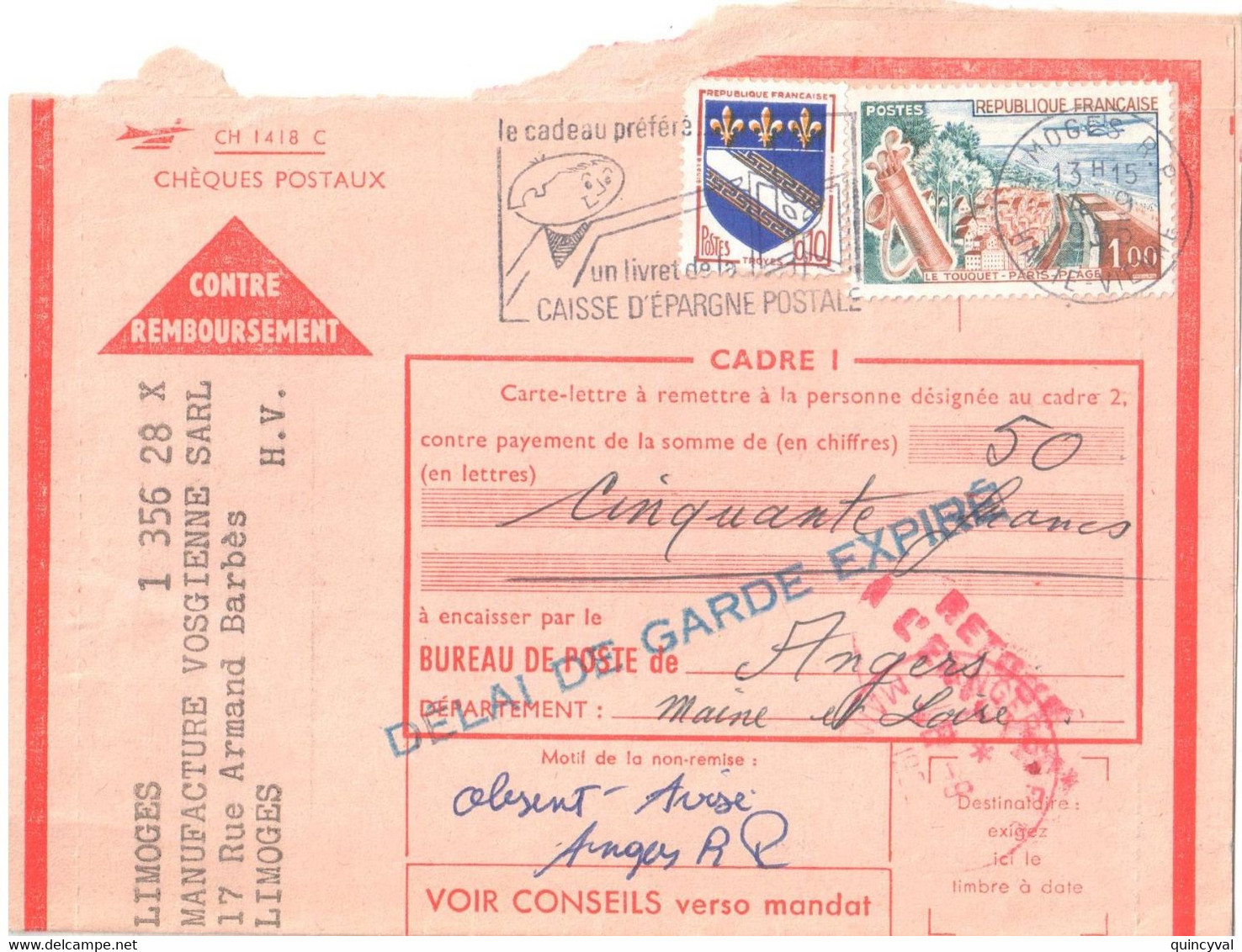LIMOGES Carte Lettre Contre Remboursement La Baule Troyes Yv 1353 1355 Griffe DELAI GARDE EXPIREE Retour Envoyeur Angers - Covers & Documents