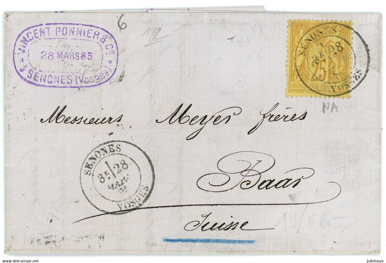 Promo 28 Mars 1885 Sage 25c N°92 Sur Lettre De Senones (vosges)pour Baar (suisse) - 1877-1920: Semi Modern Period