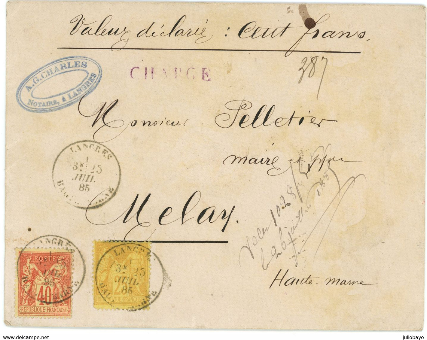 PROMO 25 Juillet 1885 Lettre Chargée Sage N°92+n°94 Langres Vers Melay - 1877-1920: Semi Modern Period