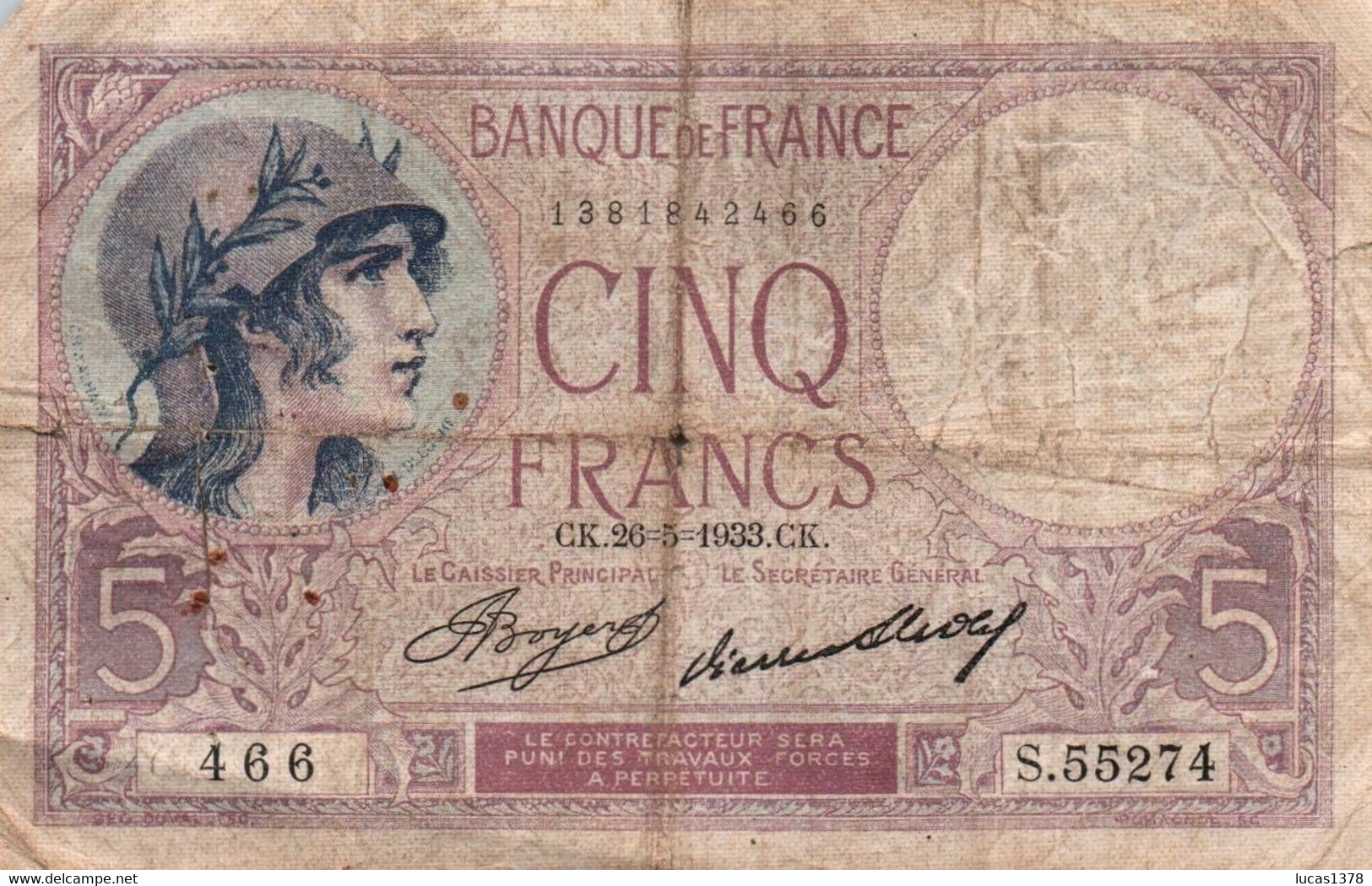 France, 5 Francs, 5 F 1917-1940 ''Violet'', 1933, 1933-05-26, KM:72e, TTB - 5 F 1917-1940 ''Violet''