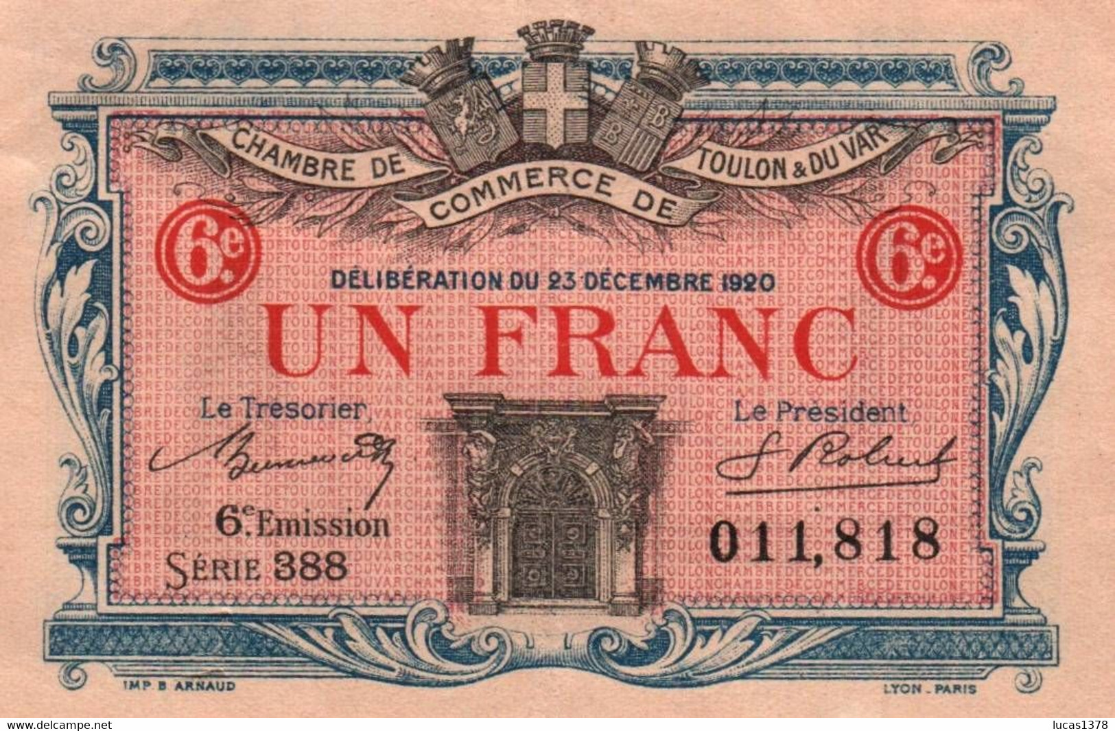 Billet De UN FRANC 6 E émis. Série 388 Des Chambres De Commerce De TOULON & Du VAR (Provence-Alpes-Côte-d'Azur) - Chambre De Commerce