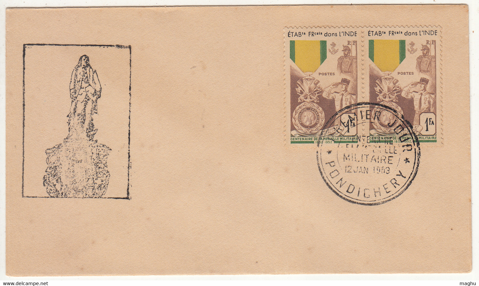 Pair, French India FDC Cover 1953, Premier Jour / Day, Centenery Militaria,  Medal, Medaille, Medellion, Militaire - Storia Postale