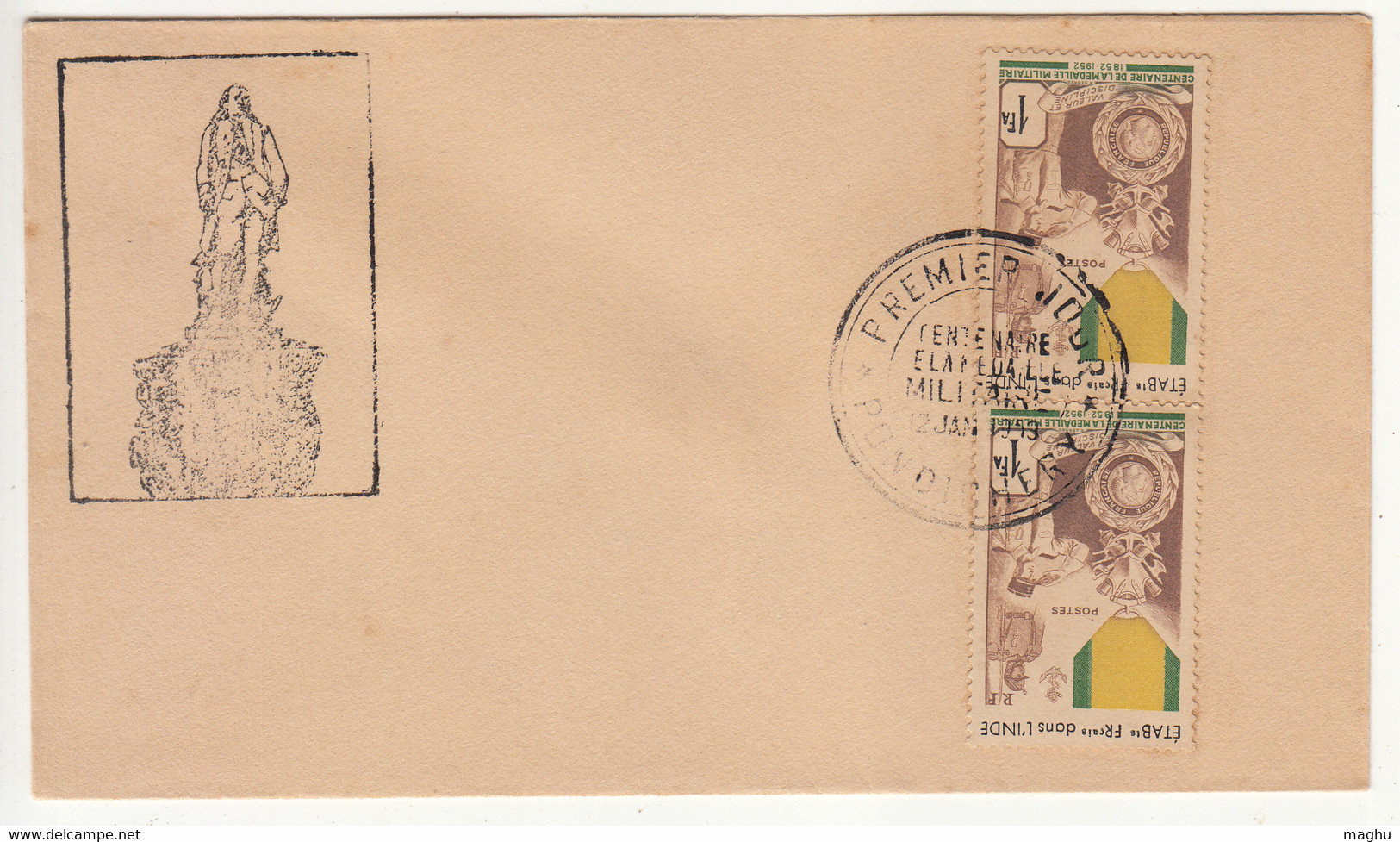 Pair, French India FDC Cover 1953, Premier Jour / Day, Centenery Militaria,  Medal, Medaille, Medellion Militaire - Brieven En Documenten