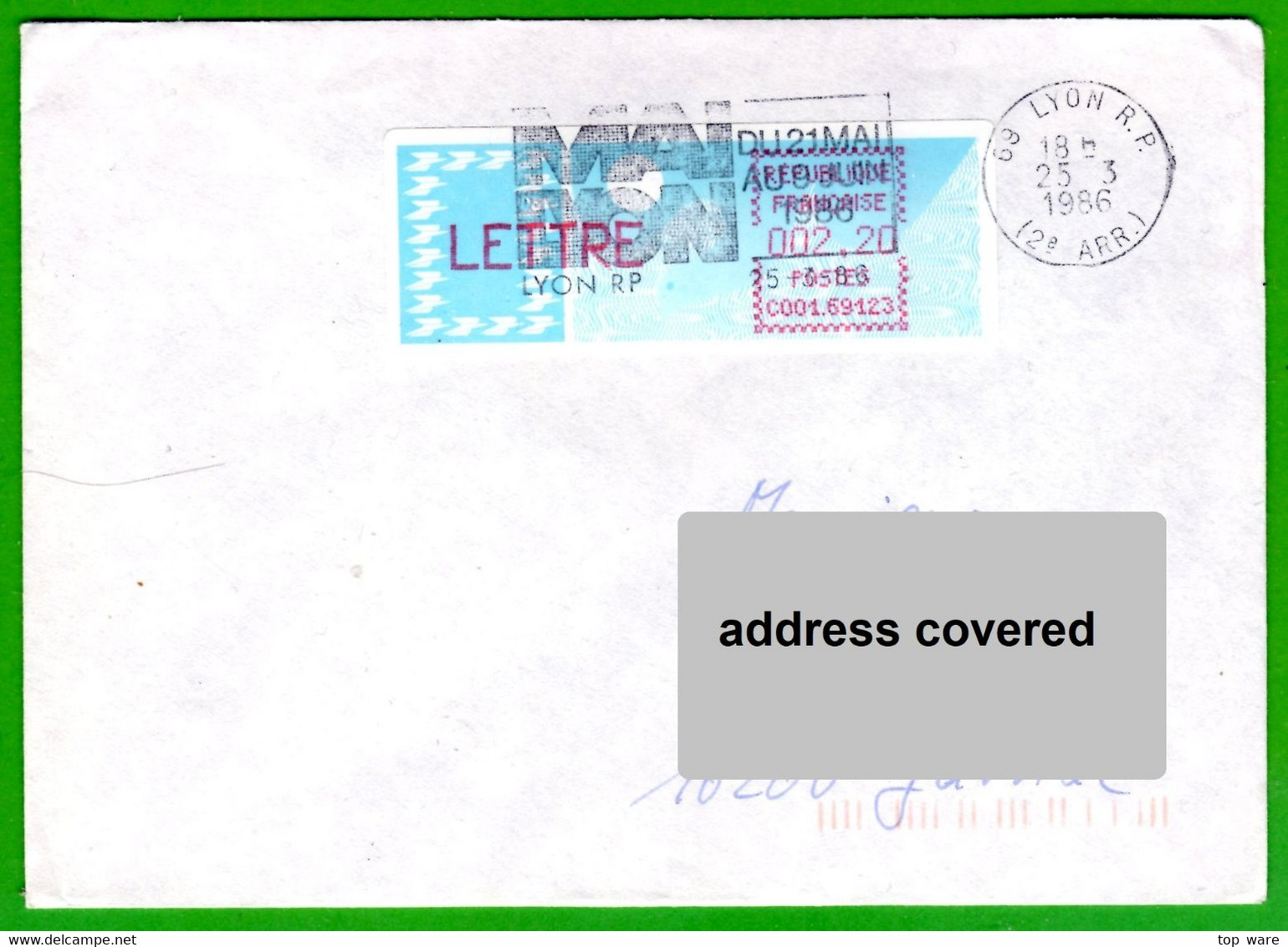 France LSA ATM Stamps C001.69123 / Michel 6.4 Zd / LETTRE 2,20 On Cover 25.3.86 Lyon RP / Distributeurs Automatenmarken - 1985 Papier « Carrier »