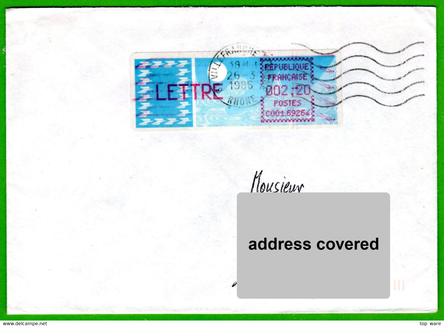 France LSA ATM Stamps C001.69264 / Michel 6.5 Zd / LETTRE 2,20 On Cover 26.3.86 Villefranche / Distributeurs - 1985 « Carrier » Papier