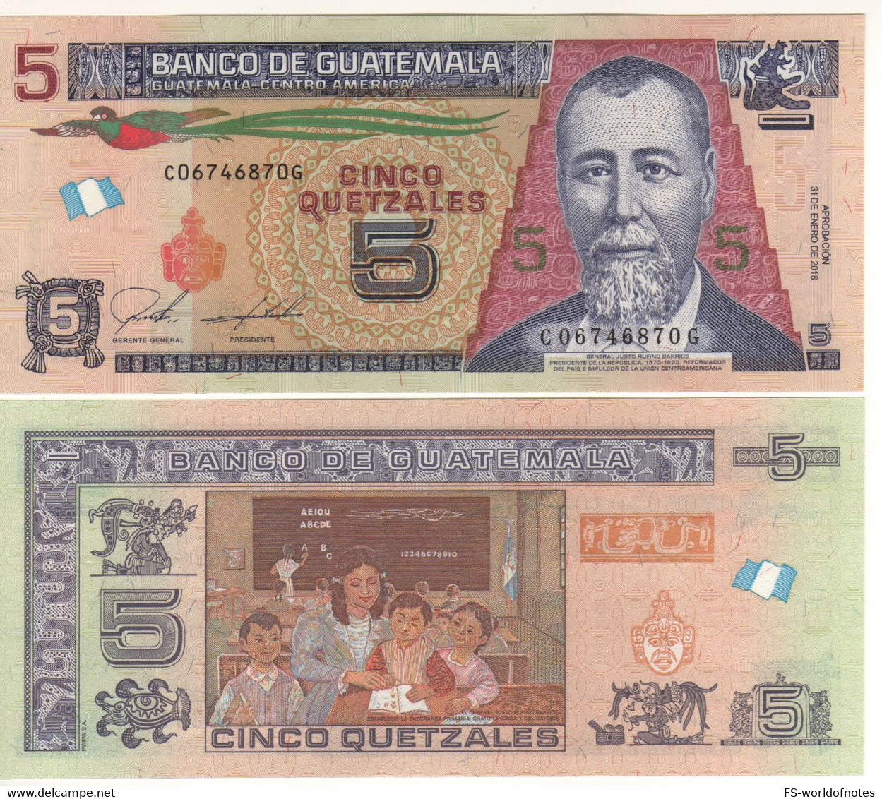 GUATEMALA  New 5 Quetzales  Pnew  PAPER Issue Similar To P122a Dated  31.1.2018   UNC - Guatemala
