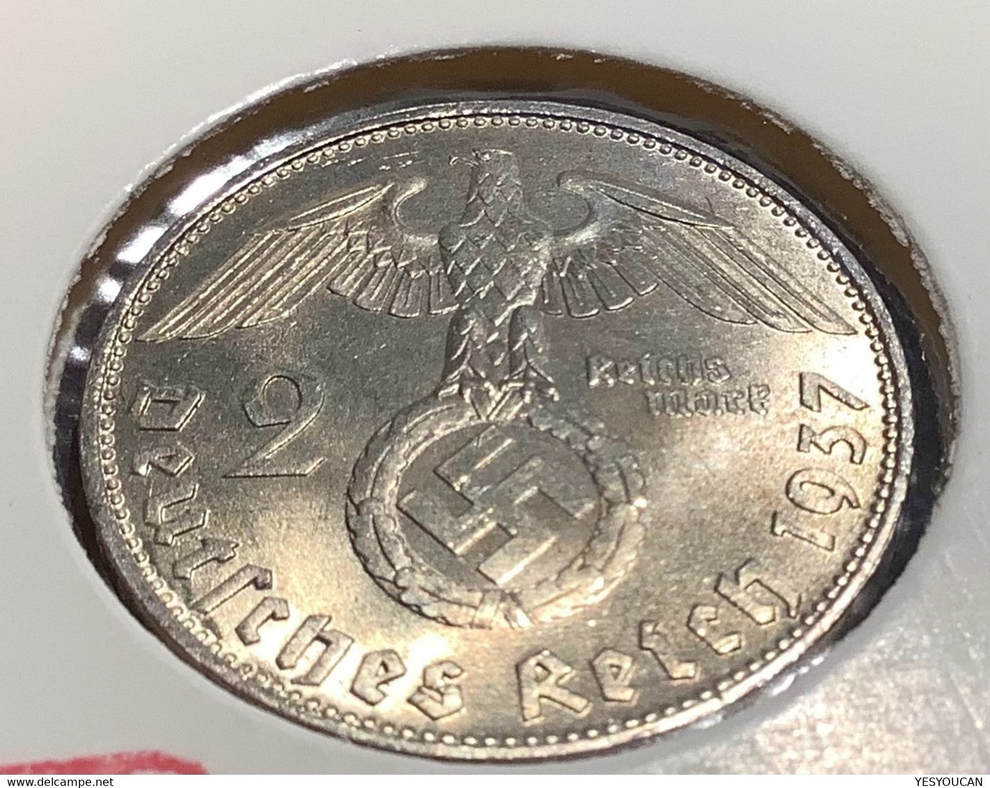 Deutsches Reich 1937A  2 Reichsmark Hindenburg MINT STATE J.366 (Germany Coin Münze Drittes Reich F.stgl  Bitcoin Crypto - 2 Reichsmark