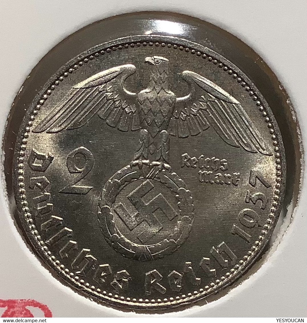 Deutsches Reich 1937A  2 Reichsmark Hindenburg MINT STATE J.366 (Germany Coin Münze Drittes Reich F.stgl  Bitcoin Crypto - 2 Reichsmark