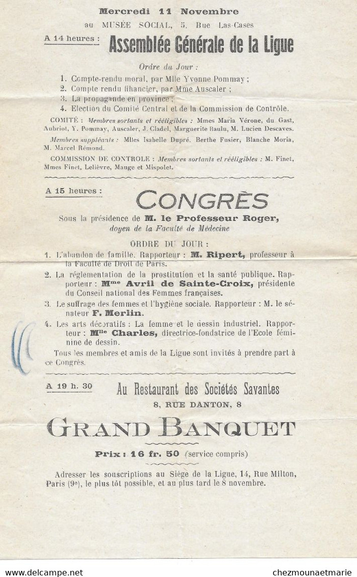 PARIS 11 NOVEMBRE ASSEMBLEE GENERALE DE LA LIGUE - PROGRAMME CONGRES BANQUET - Historische Dokumente