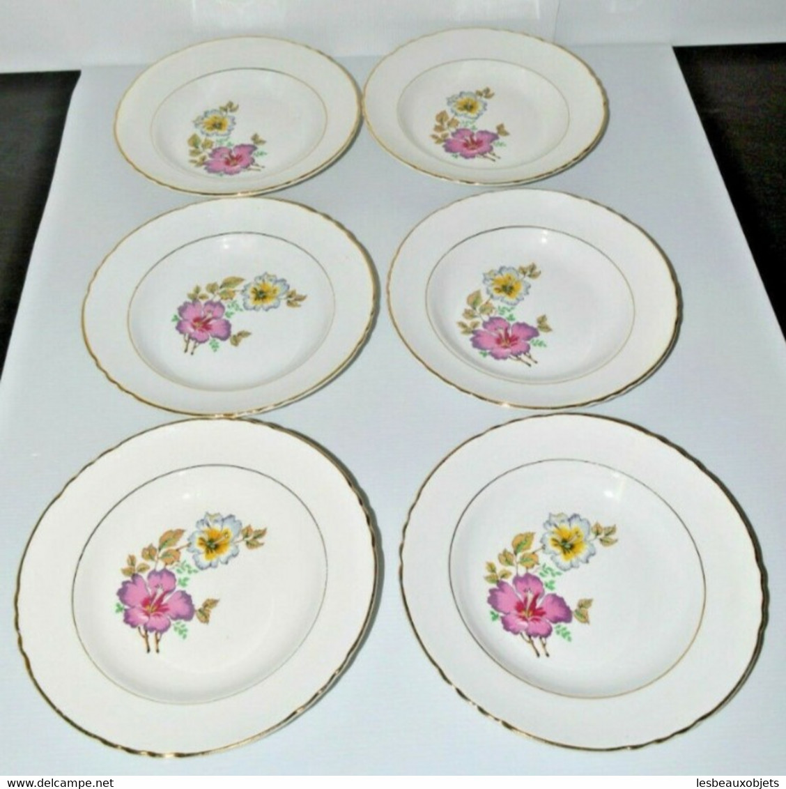 6 BELLES ASSIETTES demi creuses MOULIN DES LOUPS déco fleurs bordure dorée COLLECTION Déco table vitrine XXe