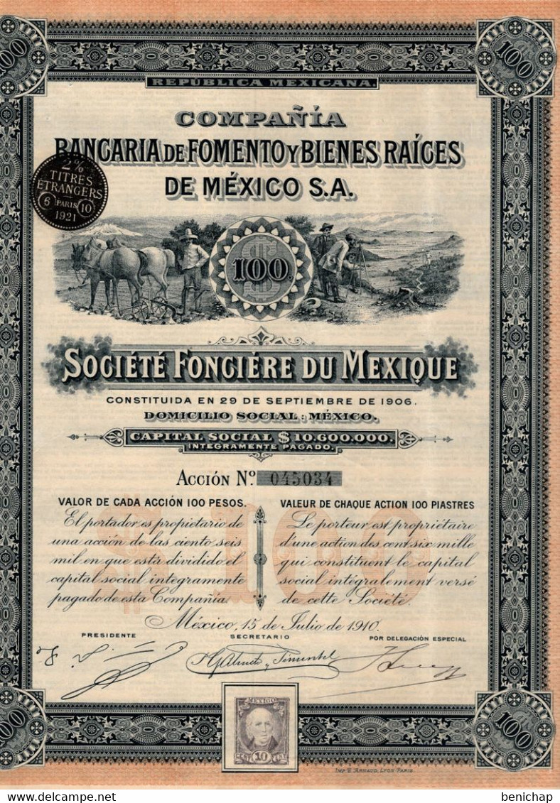 COMPANIA BANCARIA De FOMENTO Y BIENES RAICES De MEXICO S.A. 1910. - Banque & Assurance