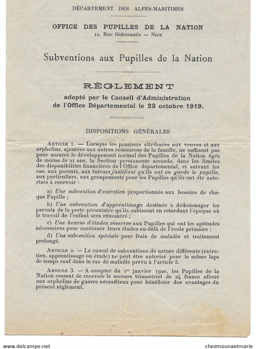 1919 ALPES MARITIMES - OFFICE PUPILLES DE LA NATION - DOCUMENT DE 4 PAGES - Documents Historiques