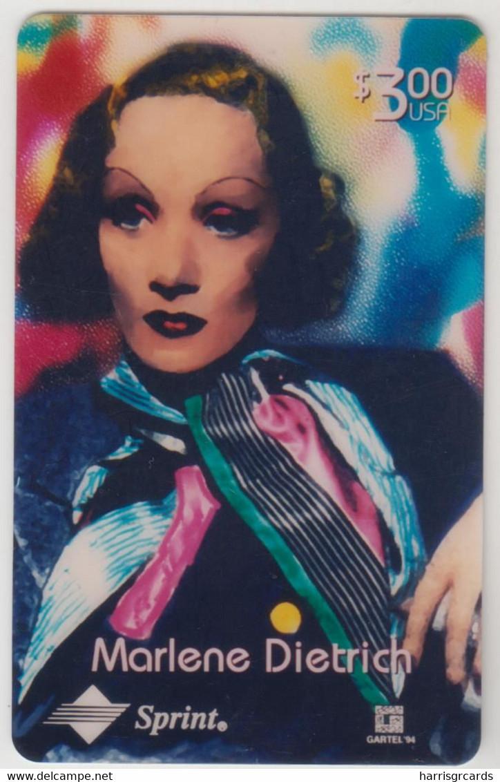 USA -  Marlene Dietrich: In Suit With Colorful Tie (Artist: Gartel) ,Sprint Prepaid Card $3, Tirage 2.000, Used - Sprint