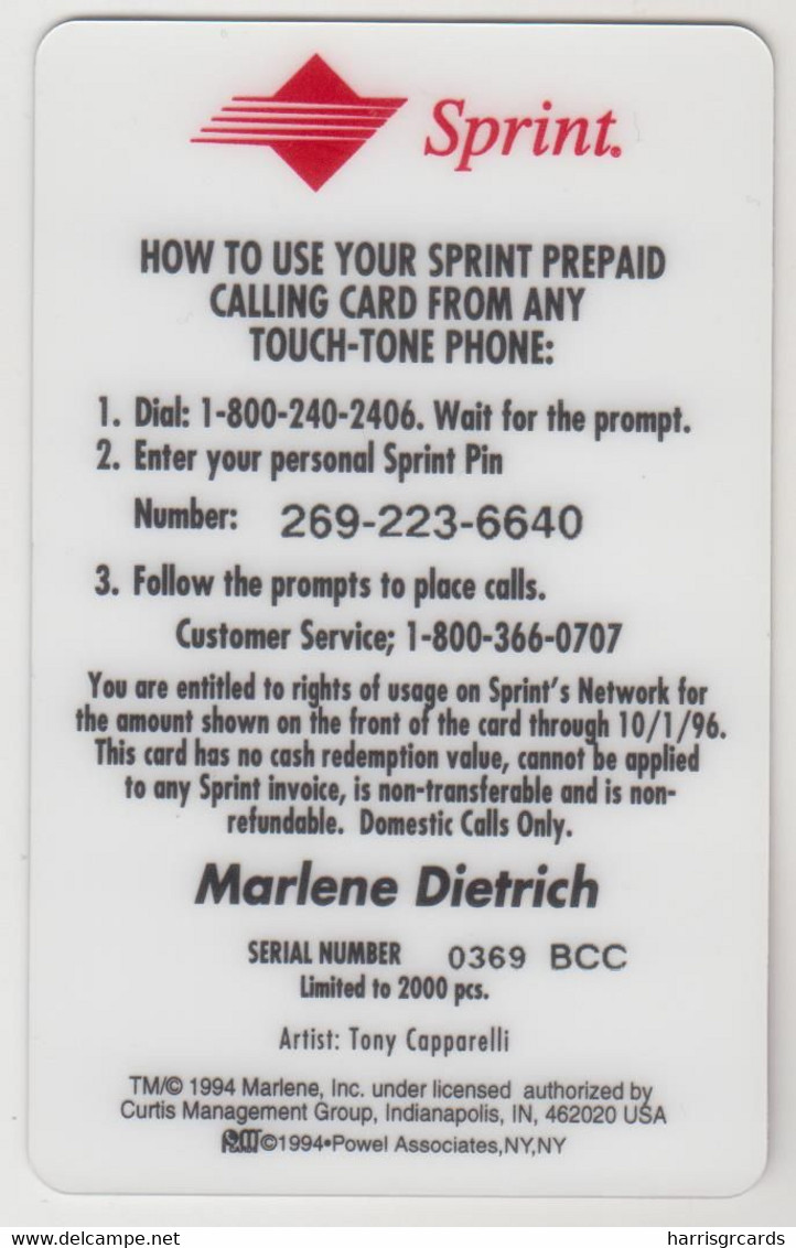 USA -  Marlene Dietrich: Holding Cigarette (Artist: Capparelli) ,Sprint Prepaid Card $3, Tirage 2.000, Used - Sprint