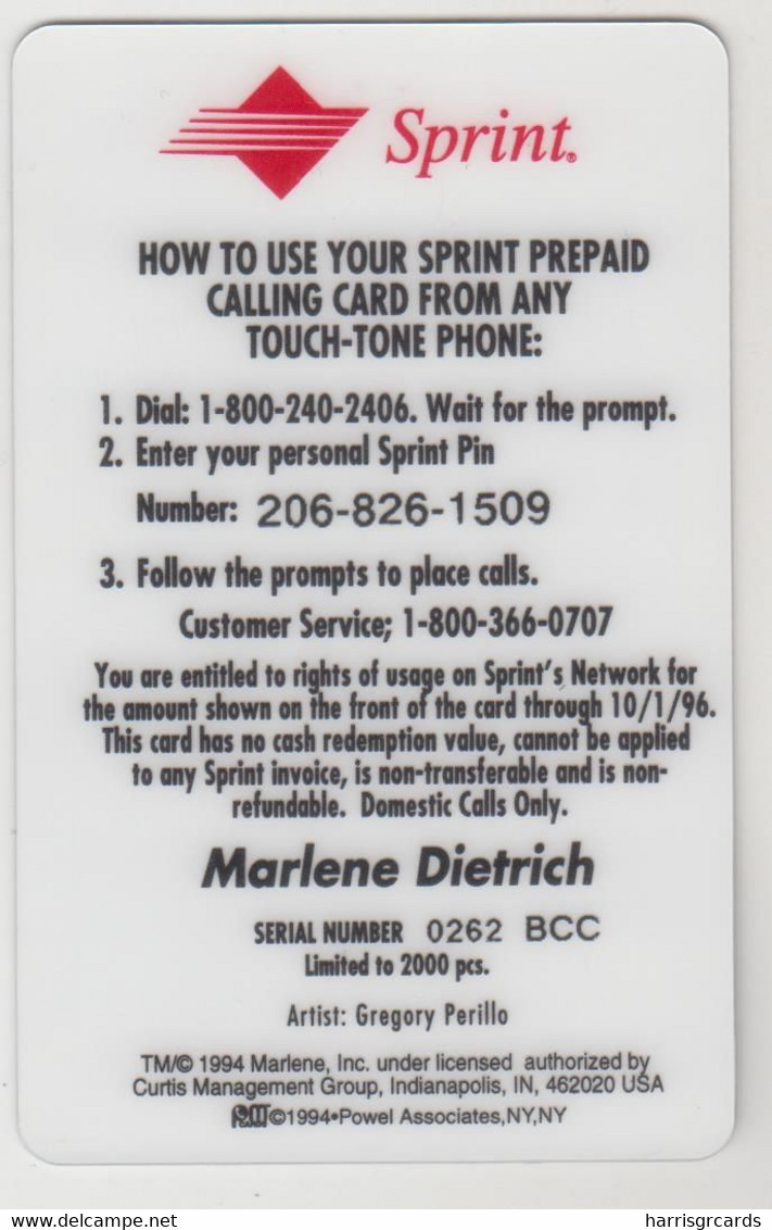 USA -  Marlene Dietrich: In Red Dress & Hat (Artist: Perillo) ,Sprint Prepaid Card $3, Tirage 2.000, Used - Sprint