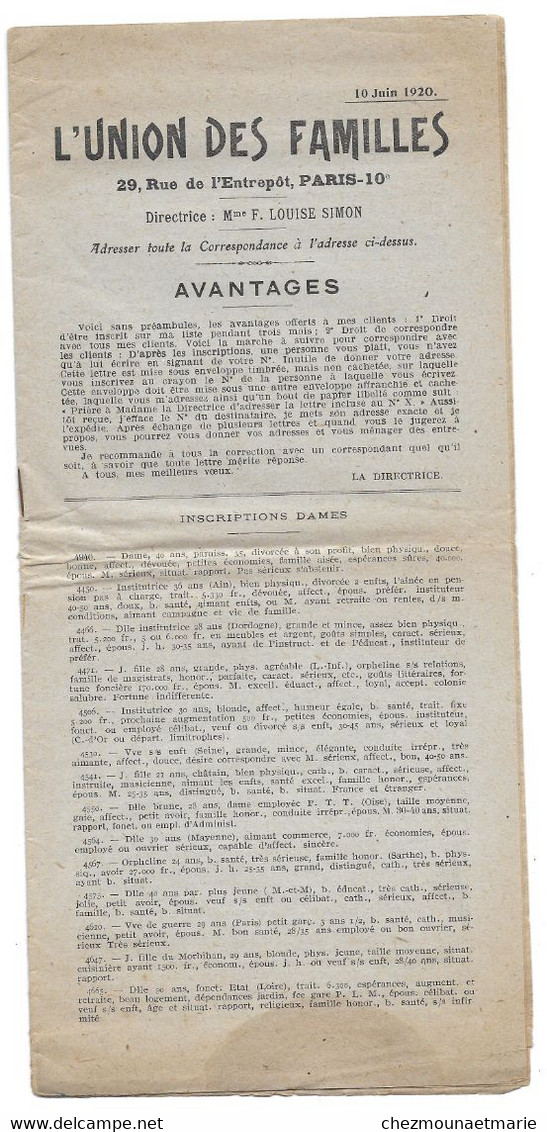 JUIN 1920 UNION DES FAMILLES FASCICULE DE 16 PAGES - DIRECTRICE LOUISE SIMON - Historische Dokumente