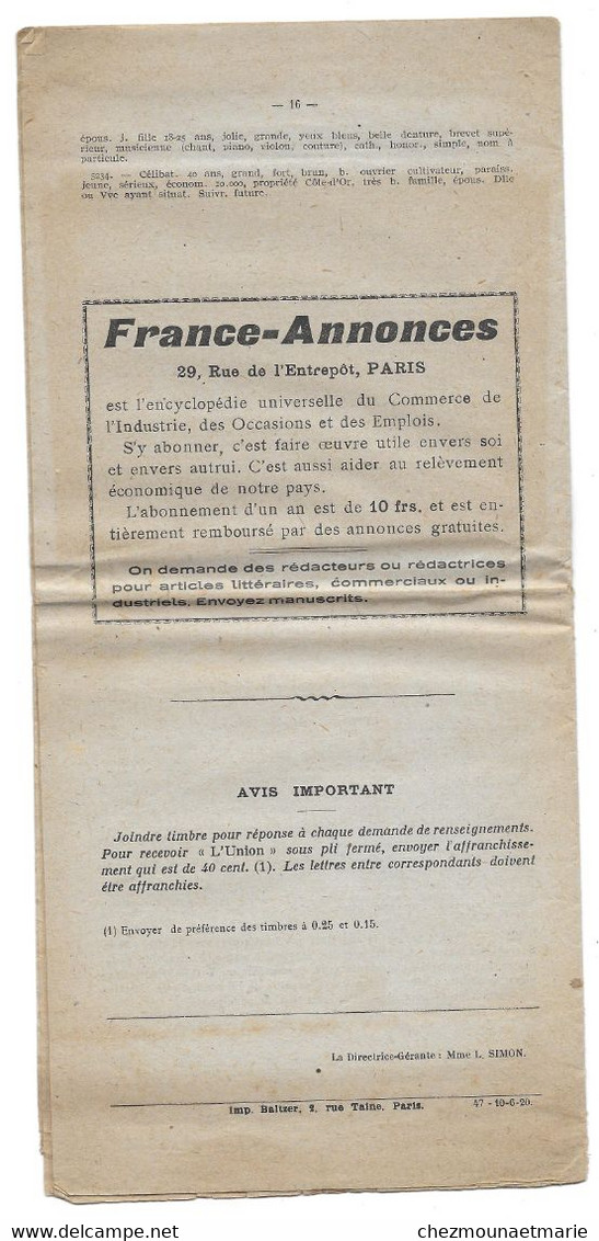 JUIN 1920 UNION DES FAMILLES FASCICULE DE 16 PAGES - DIRECTRICE LOUISE SIMON - Historische Dokumente