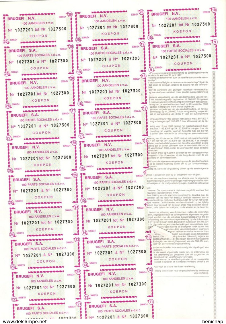 100 Parts Sociales De La Société Bruxelloise De Gestion Agricole Et De Financement BRUGEFI - 1983. - Agriculture