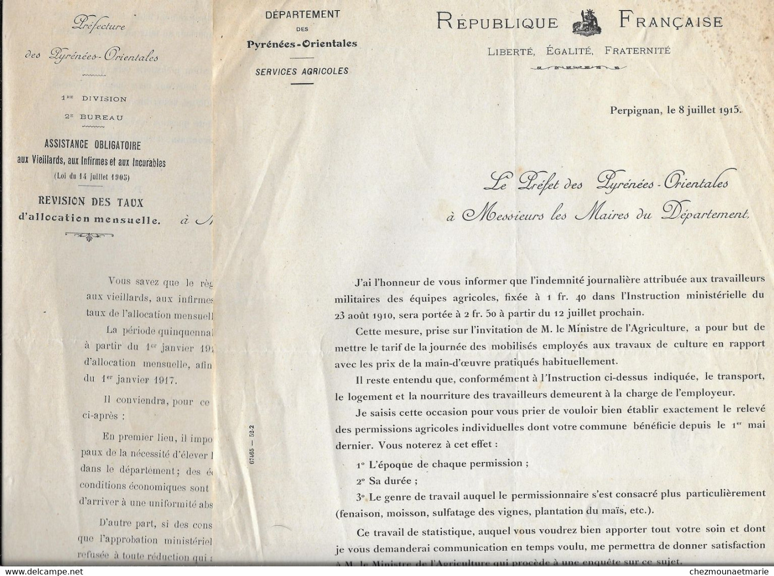 1915 1916 PERPIGNAN LE PREFET P. EMERY AUX MAIRES DU DEPARTEMENT DES PYRENEES ORIENTALES - Historische Dokumente