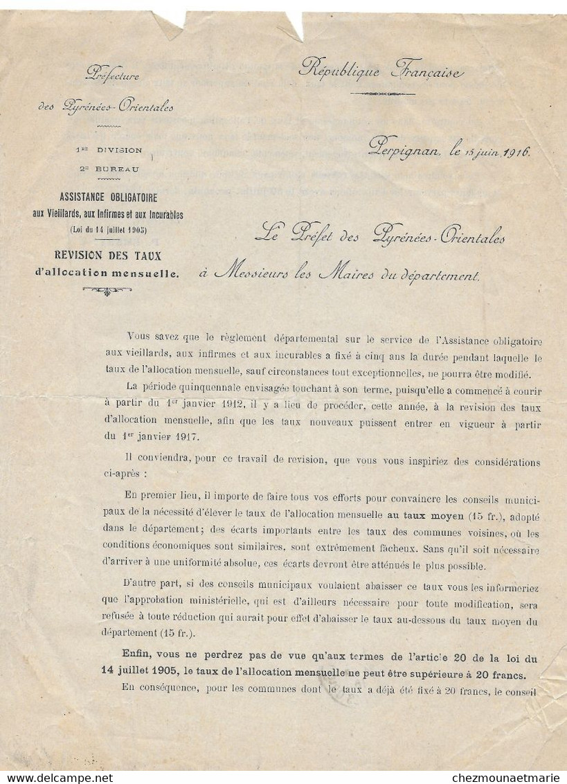 1915 1916 PERPIGNAN LE PREFET P. EMERY AUX MAIRES DU DEPARTEMENT DES PYRENEES ORIENTALES - Historical Documents