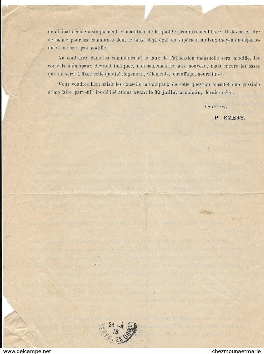 1915 1916 PERPIGNAN LE PREFET P. EMERY AUX MAIRES DU DEPARTEMENT DES PYRENEES ORIENTALES - Documenti Storici