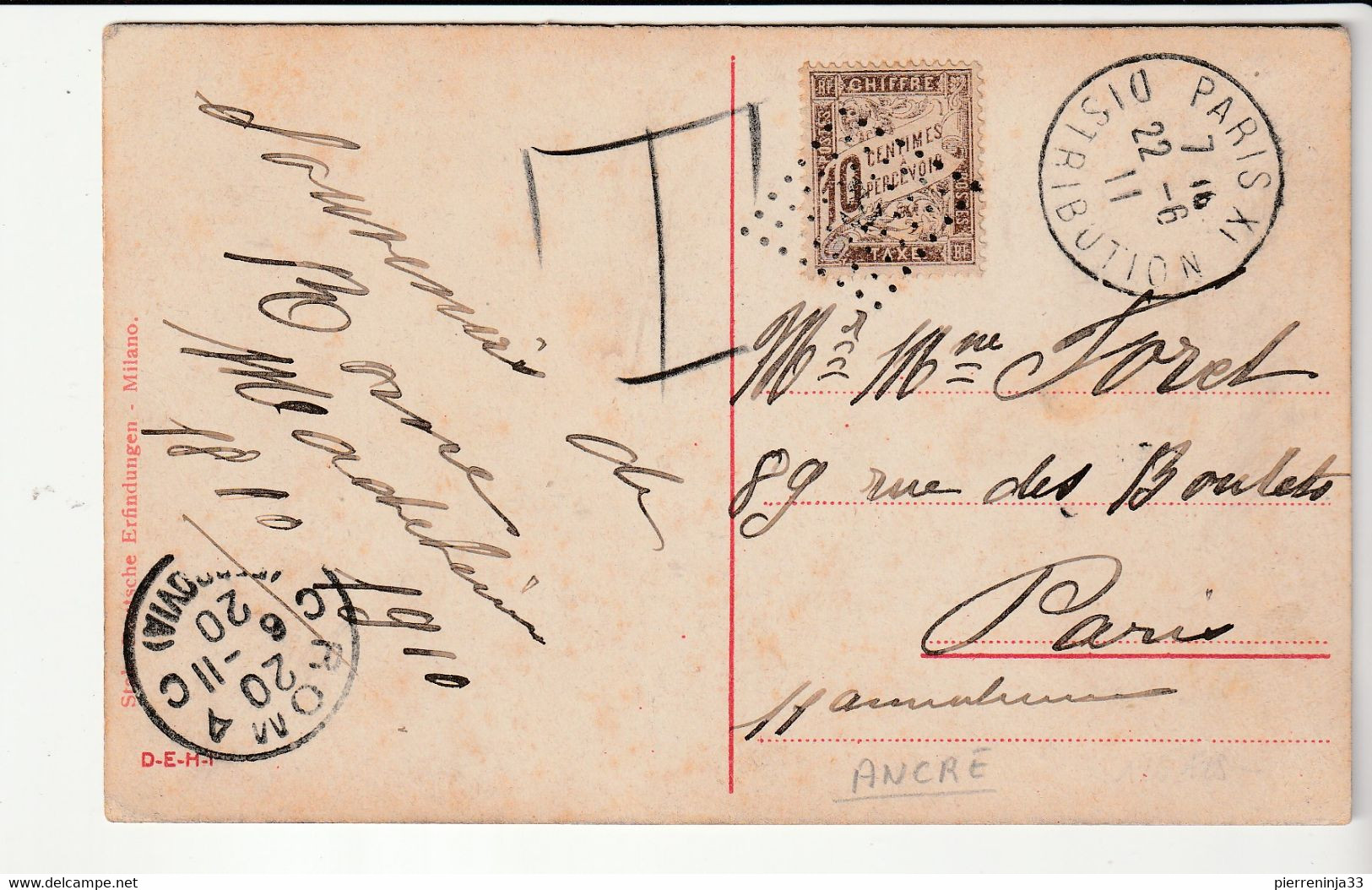 Carte Taxée Provenance Italie Avec Oblitération "Ancre" , Paris Distribution, 1911 - Brieven En Documenten