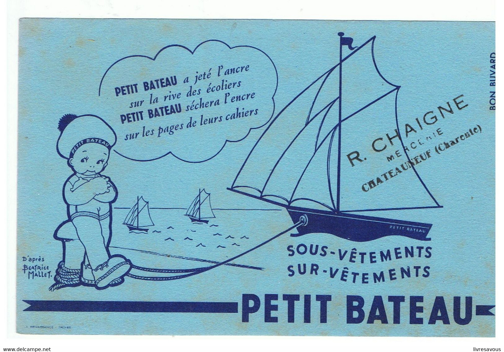 Buvard Petit Bateau Sous-vêtements, Sur-vêtements Des Années 1960 Couleur Bleue Offert R. CHAIGNE Châteauneuf 16 - Textile & Vestimentaire