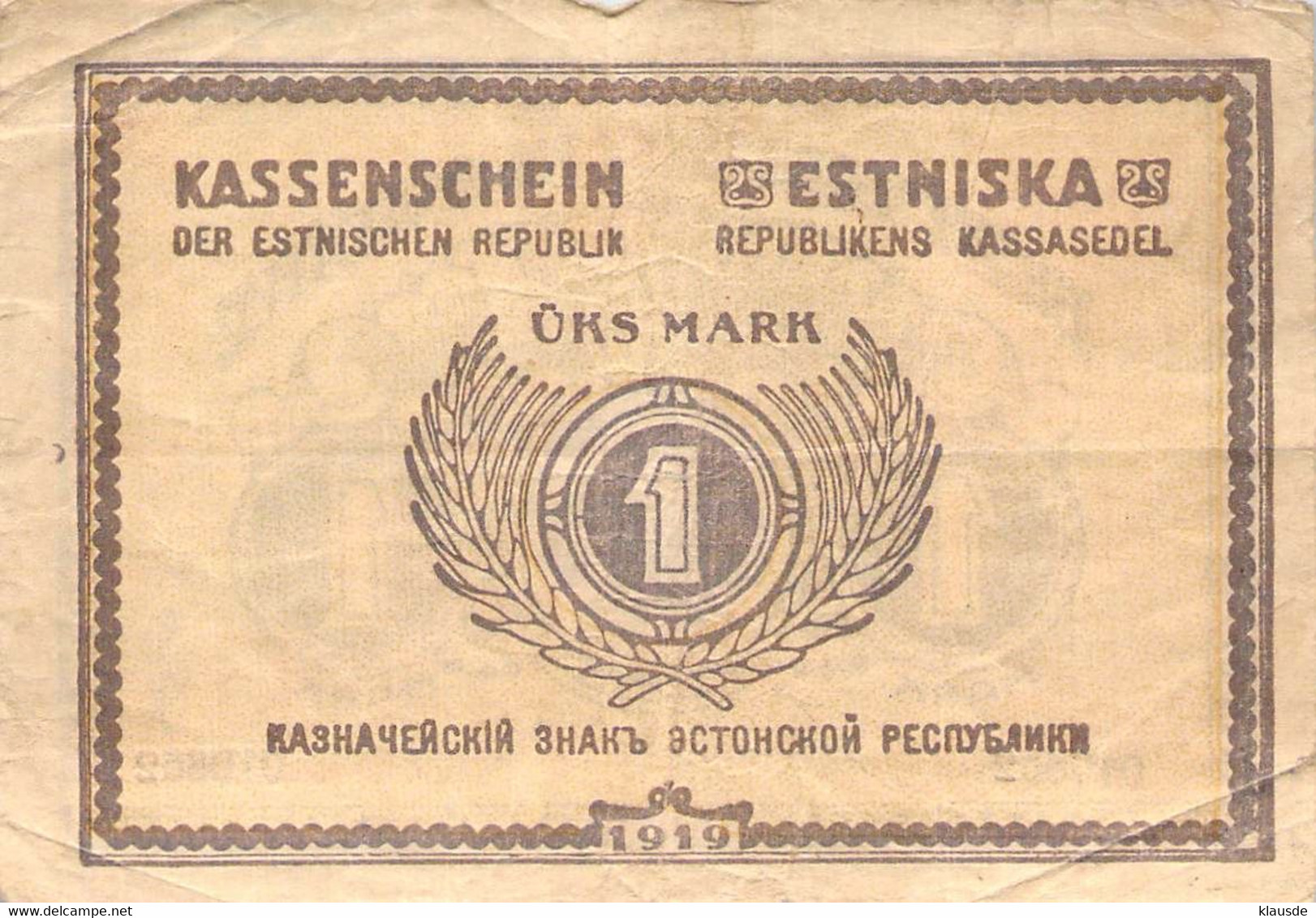 Estonia 1 Mark Geldschein, 1919 VF/F (III) - Estland