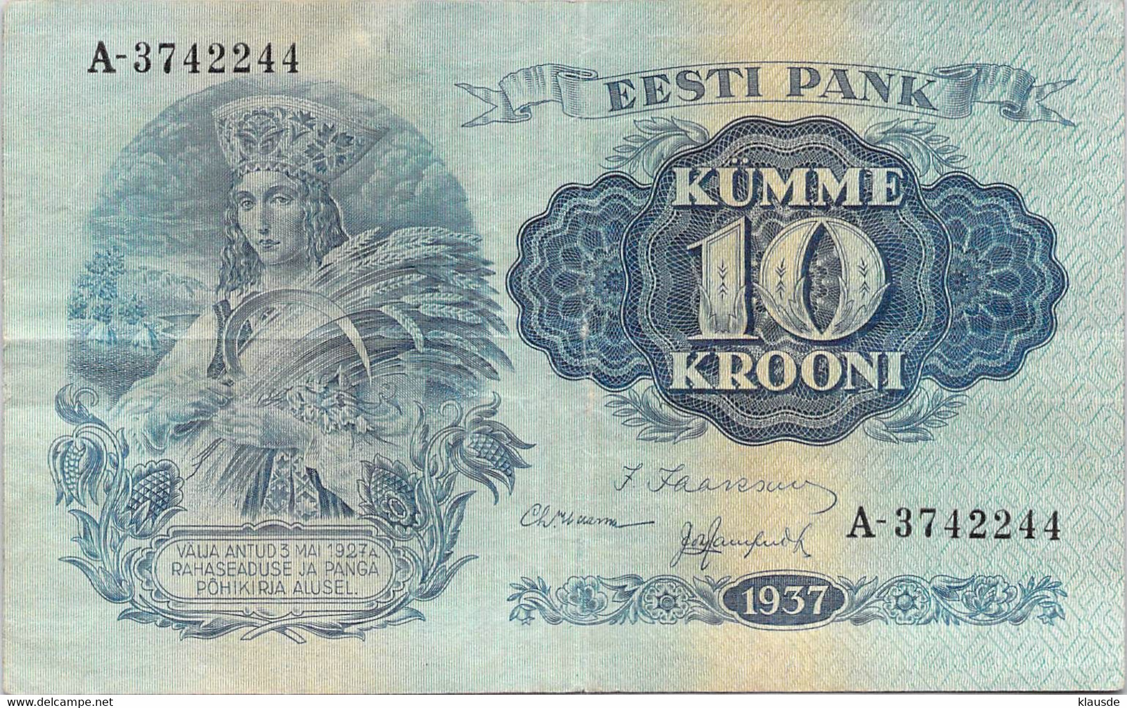 Estonia Estland 10 Kümme  Krooni 1928 Geldschein VF/F (III) - Estonie