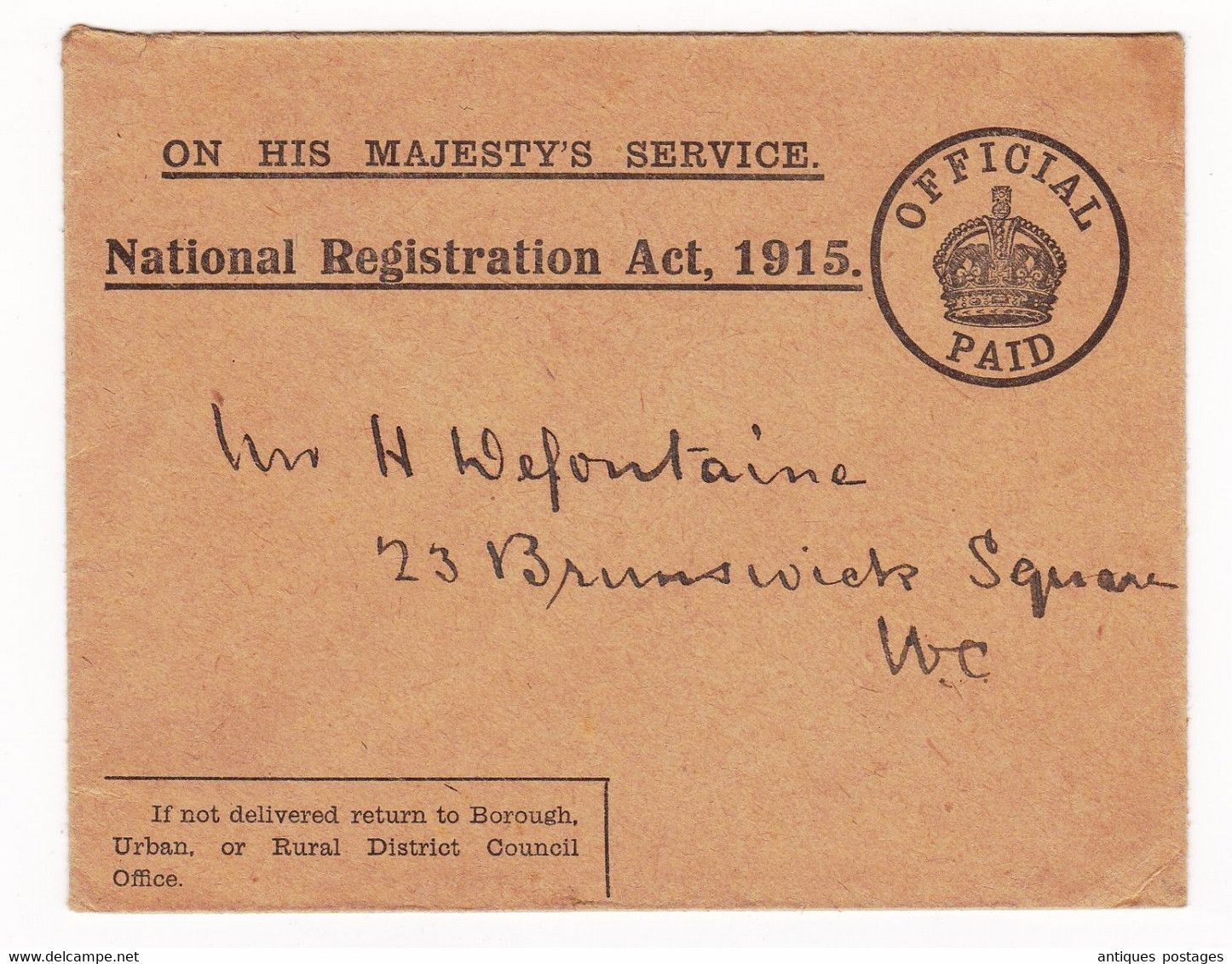 Lettre England Angleterre Official Paid On Is Majesty's Service National Registration Act 1915 - Postwaardestukken