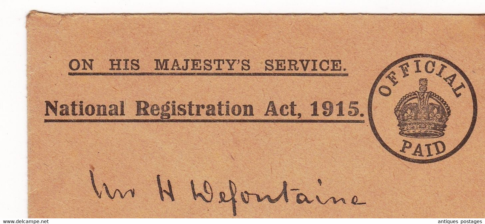 Lettre England Angleterre Official Paid On Is Majesty's Service National Registration Act 1915 - Entiers Postaux